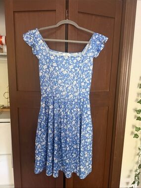 Girls' Blue Floral Summer Dress with Ruffle Cap Sleeves